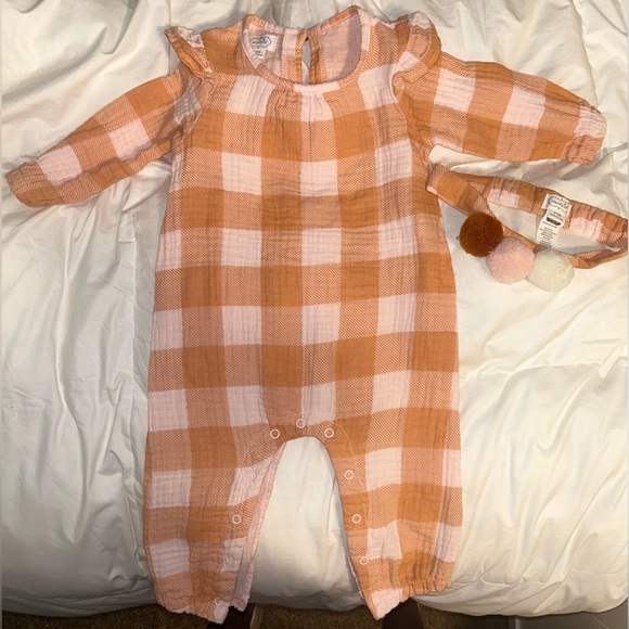 MUD PIE ORANGE PLAID BODYSUIT & HEADBAND SET• SIZE 9-12 MONTHS - Picture 4 of 8